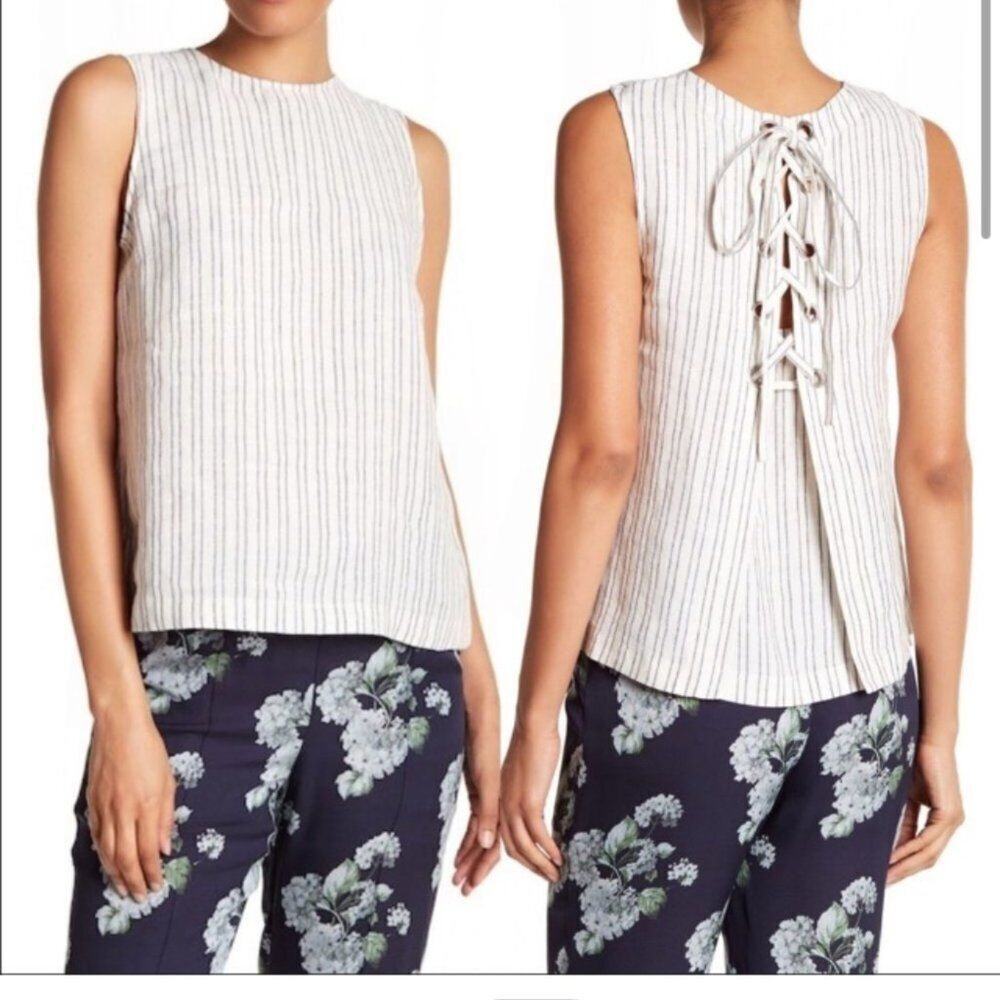 Theory Womens PS Striped Lace Up Back Linen Tank Size Petite Small Summer Top